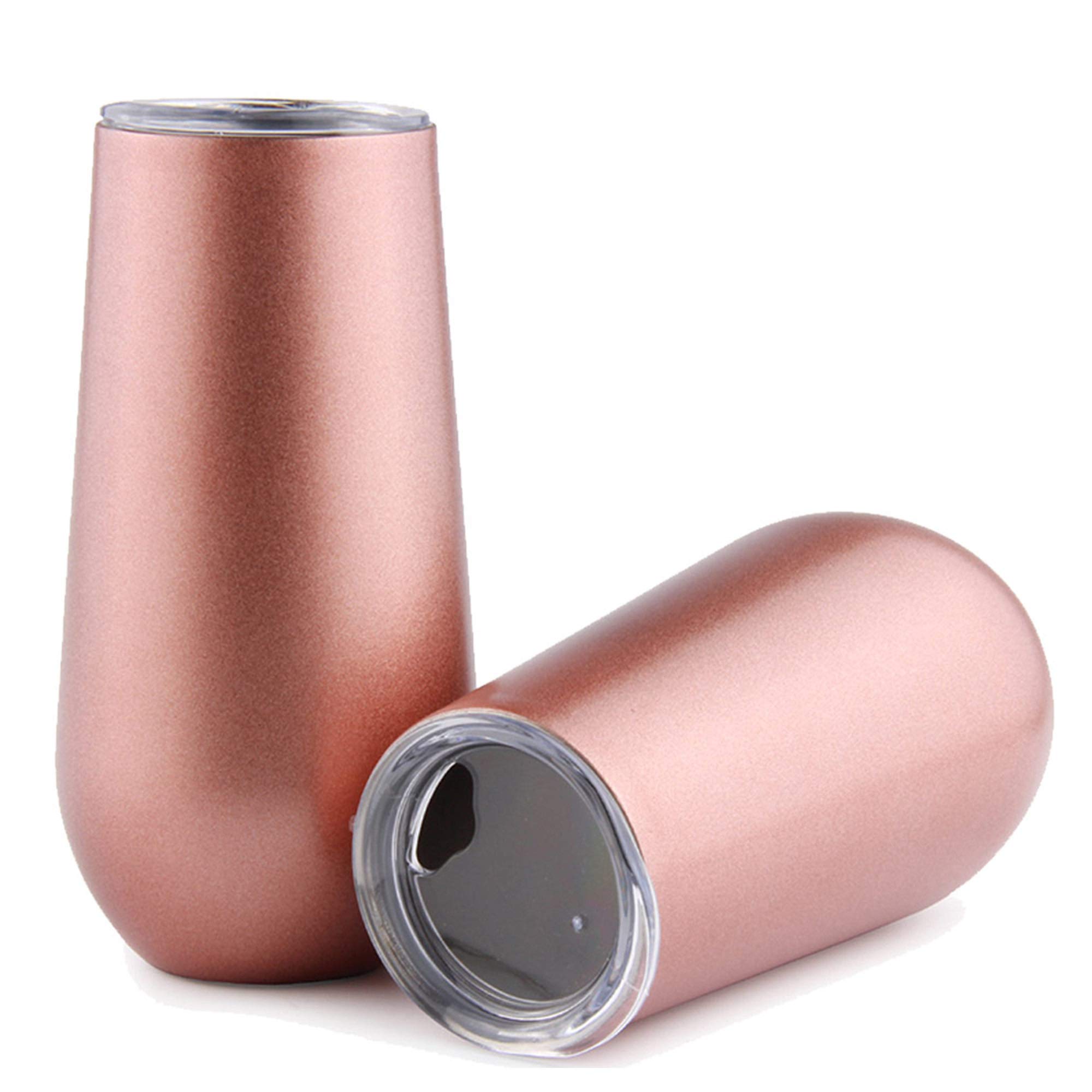 Sivaphe Champagne Flutes 6 Ounce with Lid Stainless Steel Rosegold Insulated Champagne 2 Pack