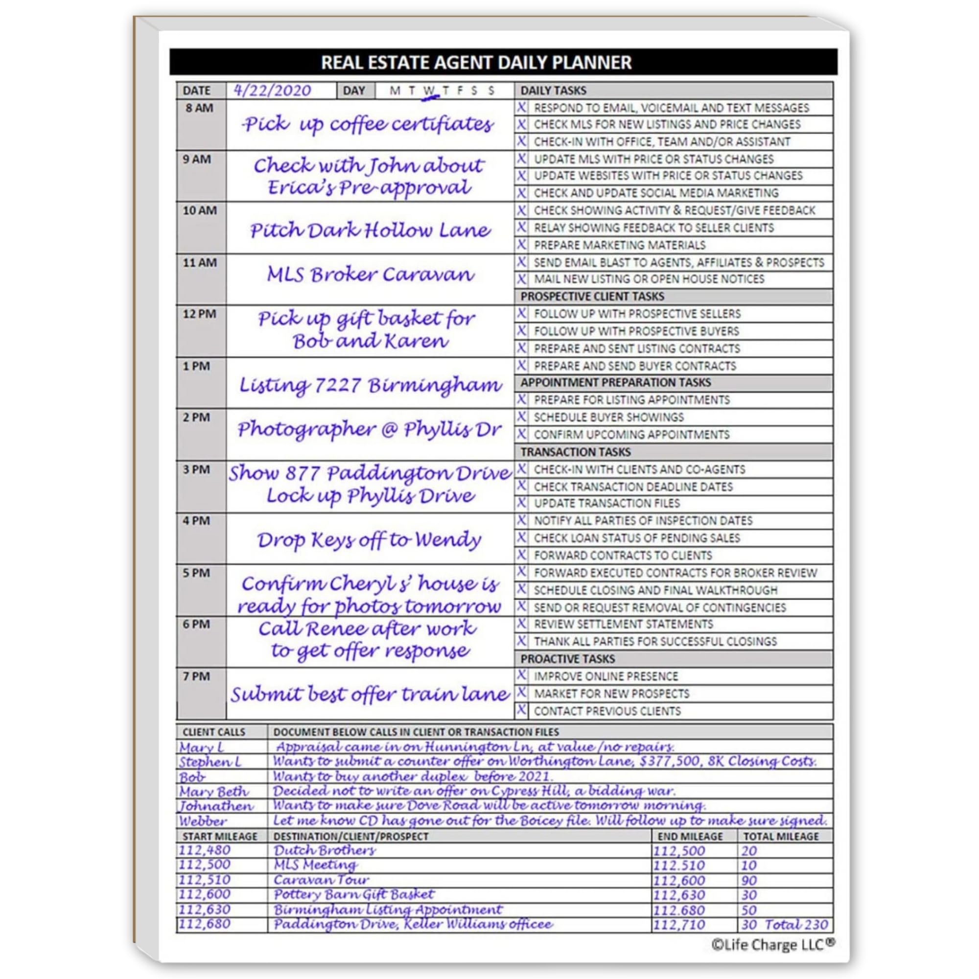 Real Estate Agent Supplies - Daily Planner Task List Notepad. Simple one page document with calendar, task lists, call and mileage log. Keep organized & focused on selling real estate. 8.5 X 11