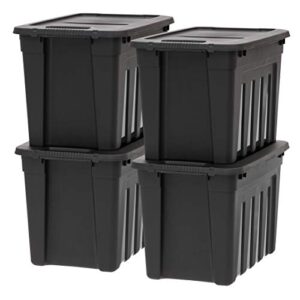iris usa 20 gallon utility totes with easy-grip handles, 4 pack - black, heavy-duty durable stackable storage containers, large garage organizing bins moving tubs, rugged sturdy camping equipment