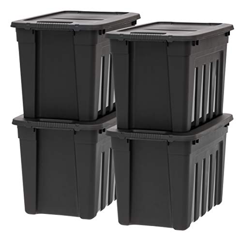 IRIS USA 20 Gallon Utility Totes with Easy-Grip Handles, 4 Pack - Black, Heavy-Duty Durable Stackable Storage Containers, Large Garage Organizing Bins Moving Tubs, Rugged Sturdy Camping Equipment