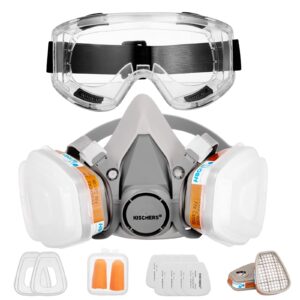 KISCHERS Reusable Half Facepiece and Anti-Fog Safety Goggle Set Against Dust/Organic Vapors/Smells/Fumes/Sawdust/Asbestos Suitable for Painting,Staining,Car Spraying,Sanding &Cutting