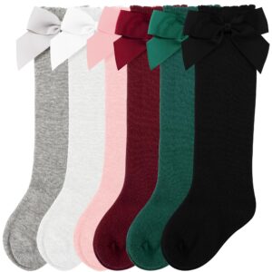 cozyway baby & toddler knee high bow socks, 6 pack for girls, white/gray/pink/burgundy/green/black, 2-4 years old