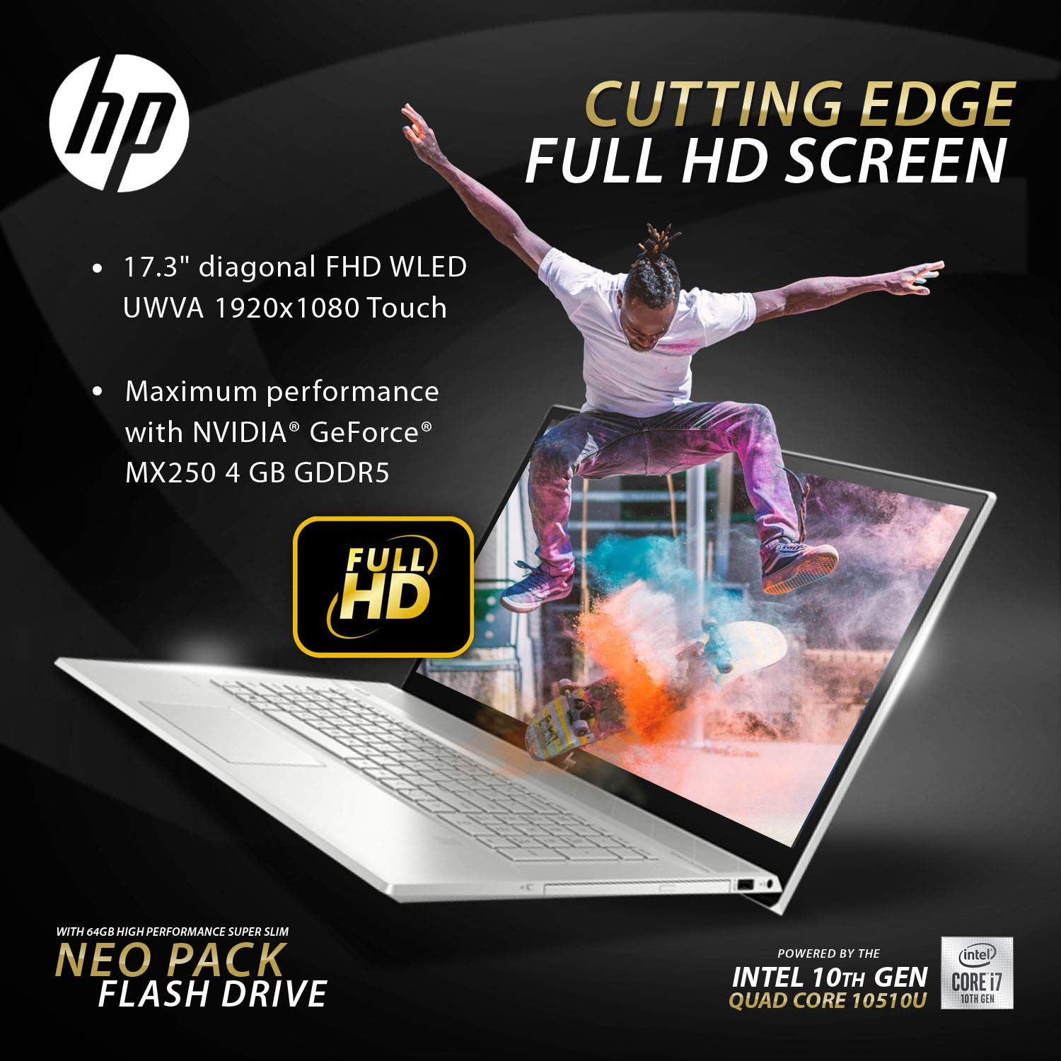 HP Envy 2019,17.3" Full HD Touch, i7-10510U 10th gen Quad CPU,NVIDIA MX250(4GB), 1TB SSD NVME,16GB DDR4 2666 RAM,Win 10 Pro, Neopack 64GB Flash Drive, B&O Speakers, Premium Wty, No DVD RW