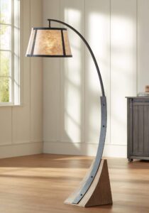 franklin iron works oak river rustic farmhouse mission style arched floor lamp 66.5" tall dark gray black wood standing base mica drum shade for living room reading house bedroom home office