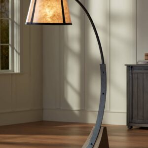 Franklin Iron Works Oak River Rustic Farmhouse Mission Style Arched Floor Lamp 66.5" Tall Dark Gray Black Wood Standing Base Mica Drum Shade for Living Room Reading House Bedroom Home Office