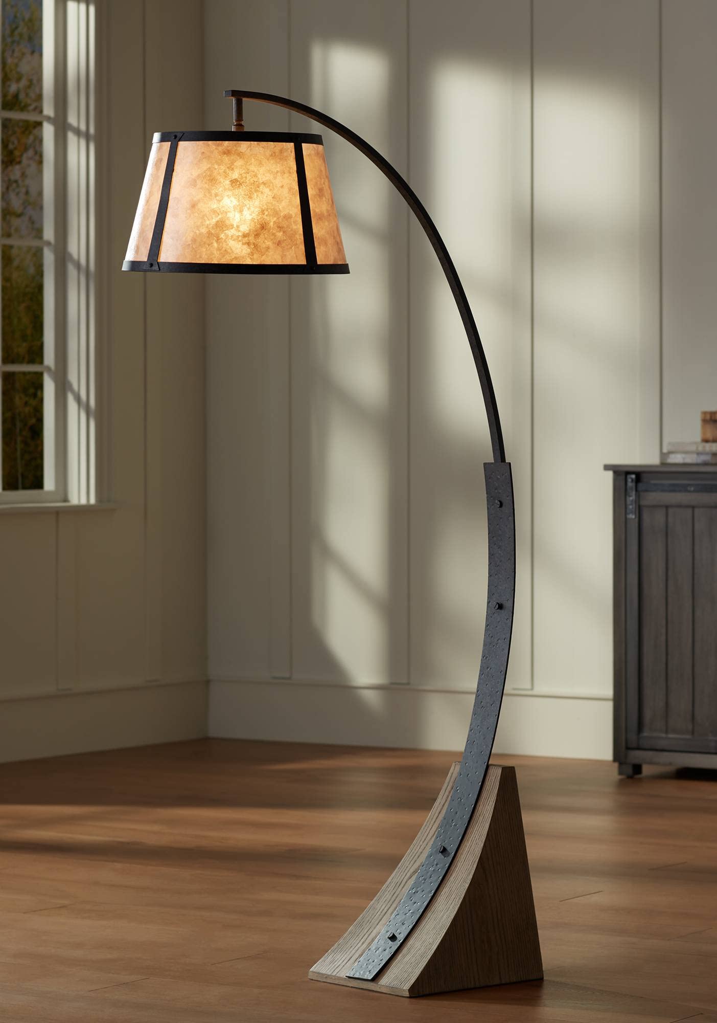 Franklin Iron Works Oak River Rustic Farmhouse Mission Style Arched Floor Lamp 66.5" Tall Dark Gray Black Wood Standing Base Mica Drum Shade for Living Room Reading House Bedroom Home Office