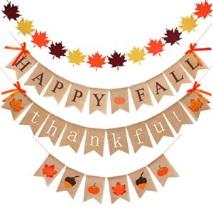 4 pieces thanksgiving fall decorations burlap thankful banner happy fall banner pumpkins maple leaves acorn banner felt maple leaves garland banner for thanksgiving decorations