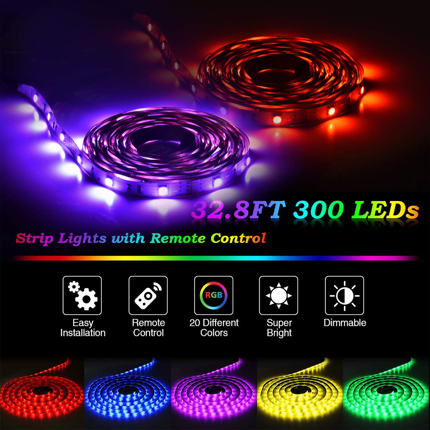 WEAPRIL Led Strip Lights,32.8FT/10M Flexible Tape Lights Color Changing 300 LEDs SMD5050 RGB Strip Lights Kit with 24key Remote Control for Home Bedroom Kitchen and Party, Non-Waterproof (32.8FT)