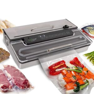 nutrichef pkvs50sts commercial grade vacuum sealer machine-400w automatic double piston pump air machine meat packing storage preservation sous vide w/dry wet seal, vac roll bags, extra large, silver