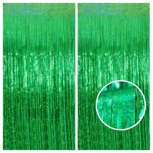 melsan foil curtain backdrop, 2 pack 3.2 ft x 8.2 ft tinsel foil fringe curtains, sparkle metallic foil fringe curtains for party photo booth props decoration, green