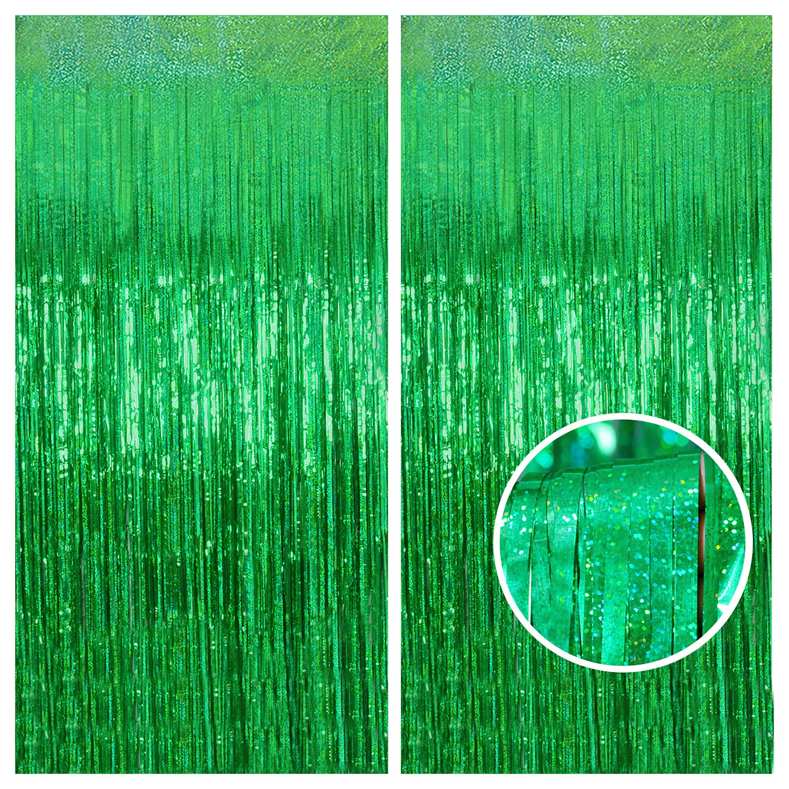 Melsan Foil Curtain Backdrop, 2 Pack 3.2 ft x 8.2 ft Tinsel Foil Fringe Curtains, Sparkle Metallic Foil Fringe Curtains for Party Photo Booth Props Decoration, Green