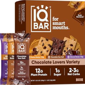 iqbar brain and body plant protein bars - chocolate lovers variety - 12 count, low carb, high fiber, gluten free, vegan snacks - low sugar keto bars