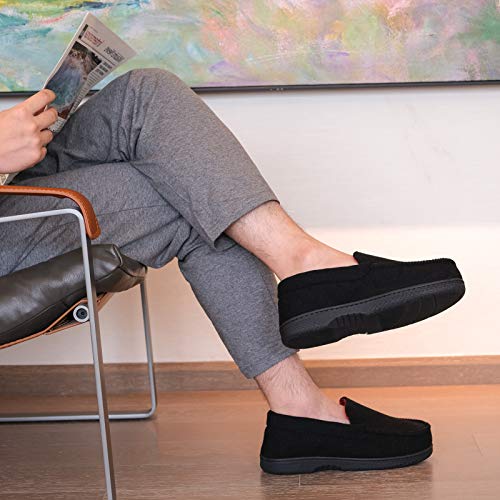 DL Men's Memory Foam Moccasin Slippers Breathable Moccasin Slippers Micro Wool House Shoes Anti-Slip Sole Indoor Outdoor, Black, 10