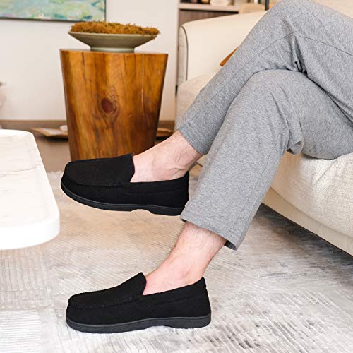 DL Men's Memory Foam Moccasin Slippers Breathable Moccasin Slippers Micro Wool House Shoes Anti-Slip Sole Indoor Outdoor, Black, 10