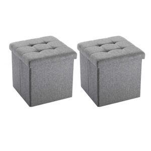 touch-rich folding cube storage ottoman with padded seat linen fabric footrest memory foam 15” x 15” x 15”-2 packs（light grey）