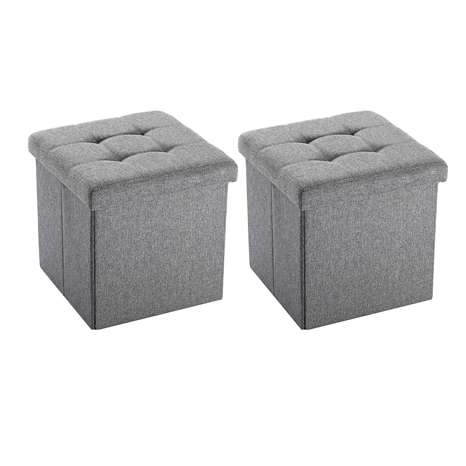 TOUCH-RICH Folding Cube Storage Ottoman with Padded Seat Linen Fabric Footrest Memory Foam 15” x 15” x 15”-2 Packs（Light Grey）