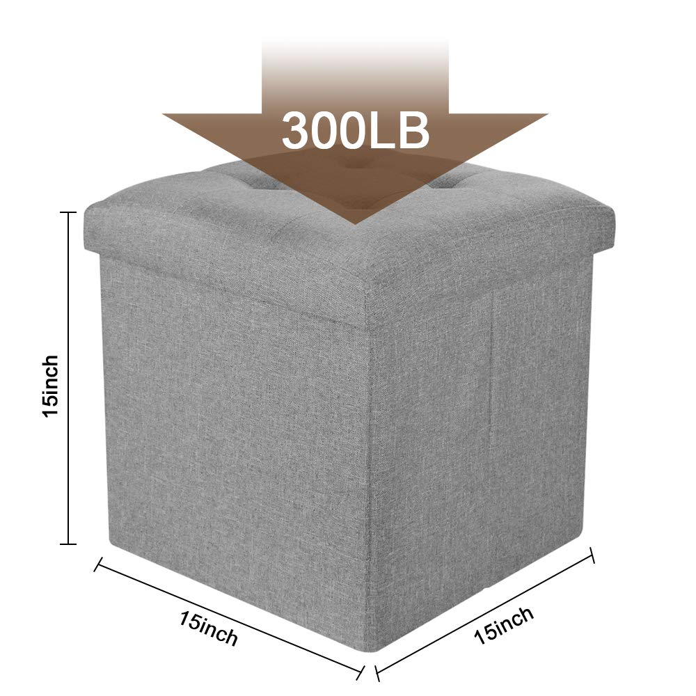 TOUCH-RICH Folding Cube Storage Ottoman with Padded Seat Linen Fabric Footrest Memory Foam 15” x 15” x 15”-2 Packs（Light Grey）