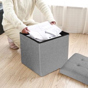 TOUCH-RICH Folding Cube Storage Ottoman with Padded Seat Linen Fabric Footrest Memory Foam 15” x 15” x 15”-2 Packs（Light Grey）