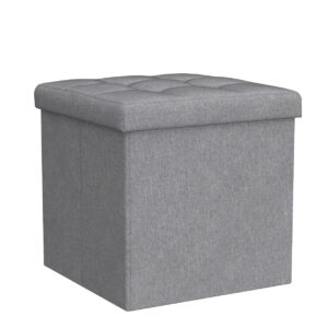 TOUCH-RICH Folding Cube Storage Ottoman with Padded Seat Linen Fabric Footrest Memory Foam 15” x 15” x 15”-2 Packs（Light Grey）