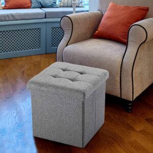 TOUCH-RICH Folding Cube Storage Ottoman with Padded Seat Linen Fabric Footrest Memory Foam 15” x 15” x 15”-2 Packs（Light Grey）