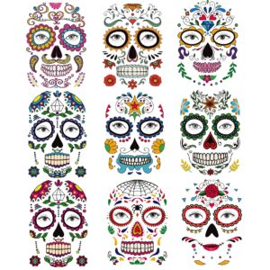 kotbs 9 sheets day of the died skeleton face tattoo stickers, glitter red roses temporary tattoos for men women halloween costume accessories and parties