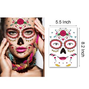 Kotbs 9 Sheets Day of the Died Skeleton Face Tattoo Stickers, Glitter Red Roses Temporary Tattoos for Men Women Halloween Costume Accessories and Parties