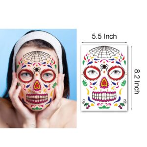 Kotbs 9 Sheets Day of the Died Skeleton Face Tattoo Stickers, Glitter Red Roses Temporary Tattoos for Men Women Halloween Costume Accessories and Parties