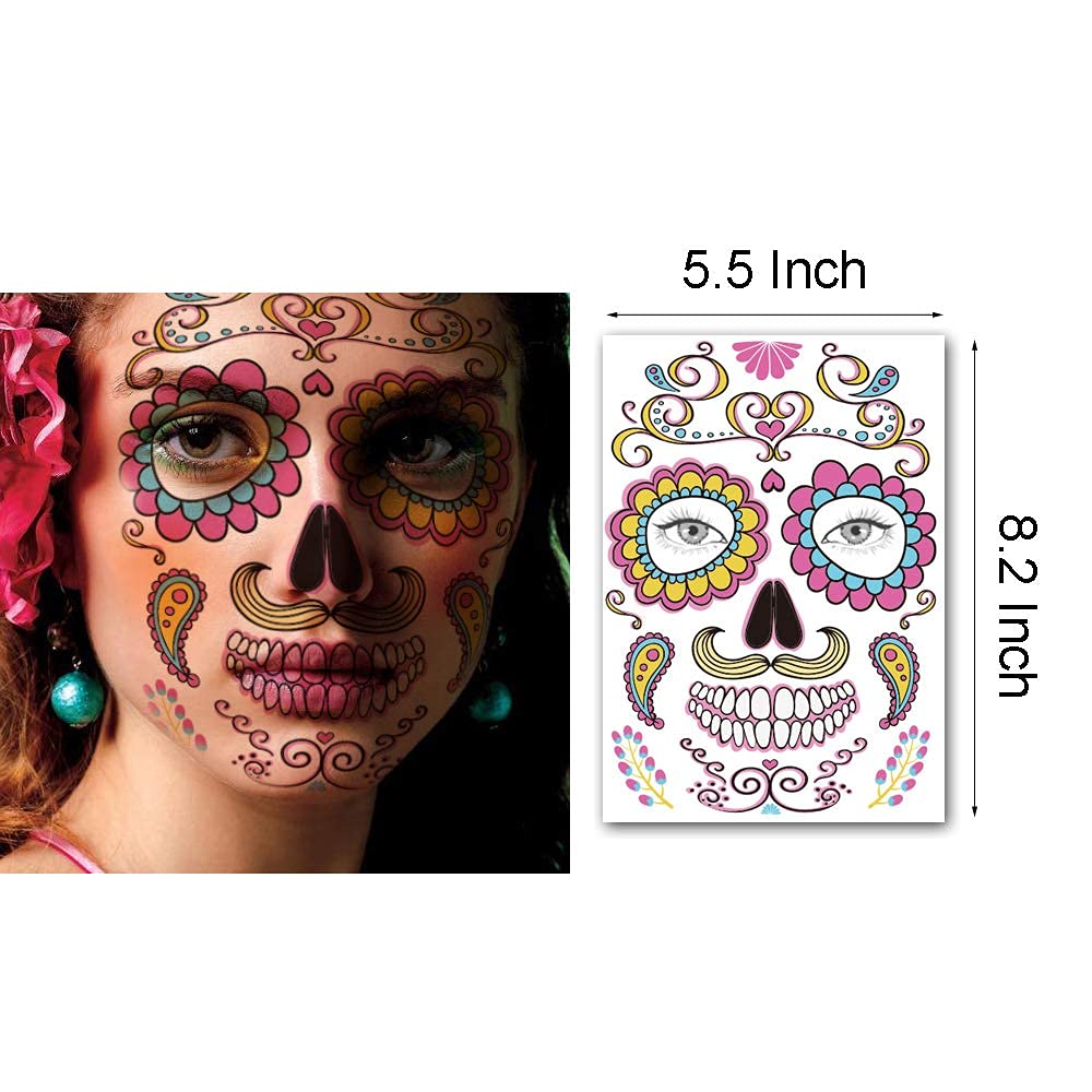 Kotbs 9 Sheets Day of the Died Skeleton Face Tattoo Stickers, Glitter Red Roses Temporary Tattoos for Men Women Halloween Costume Accessories and Parties