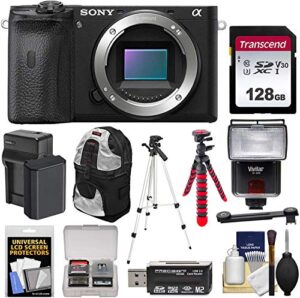 sony alpha a6600 mirrorless digital camera body with 128gb card + battery & charger + backpack + 2 tripods + reader + flash + kit