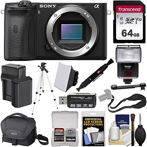 Sony Alpha A6600 Mirrorless Digital Camera Body with 64GB Card + Battery & Charger + Case + Strap + Tripod + Flash + Soft Box + Kit