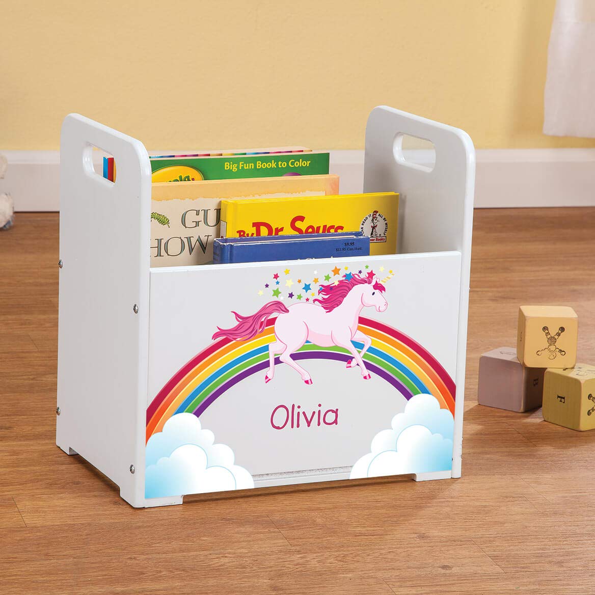 Fox Valley Traders Personalized Kids Wooden Book Caddy, Customized Children’s Book Storage Bin, Unicorn Design