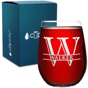 Cuptify Initial Monogram with Name Etched on 17 oz Stemless Wine Glass Engraved Personalized Gifts for Men and Women