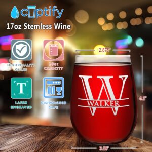 Cuptify Initial Monogram with Name Etched on 17 oz Stemless Wine Glass Engraved Personalized Gifts for Men and Women