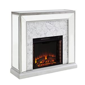 sei furniture trandling mirrored & faux electric fireplace, antique silver/white marble (amz9537201ef)