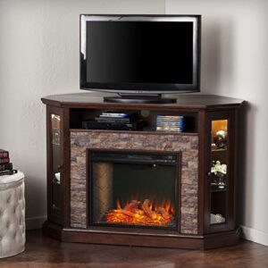 SEI Furniture Redden Faux Stone Convertible Alexa-Enabled Electric Media Storage Corner Fireplace, Espresso