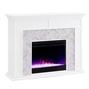 sei furniture torlington indoor electric fireplace with mantel, color changing led flame, white/gray marble