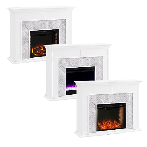 SEI Furniture Torlington Indoor Electric Fireplace with Mantel, Color Changing LED Flame, White/Gray Marble