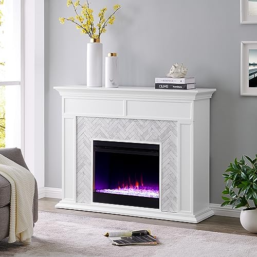 SEI Furniture Torlington Indoor Electric Fireplace with Mantel, Color Changing LED Flame, White/Gray Marble