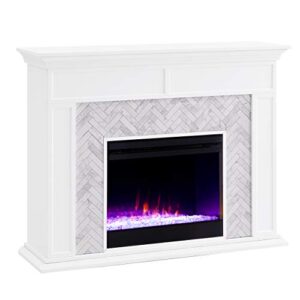 SEI Furniture Torlington Indoor Electric Fireplace with Mantel, Color Changing LED Flame, White/Gray Marble