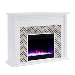 sei furniture hebbington carrara marble tiled color changing electric fireplace, white-gray