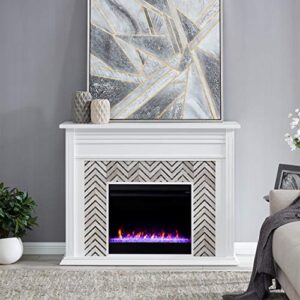 SEI Furniture Hebbington Carrara Marble Tiled Color Changing Electric Fireplace, White-Gray