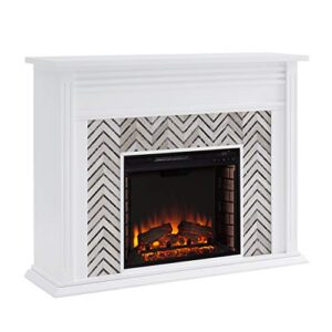 SEI Furniture Hebbington Carrara Marble Tiled Electric Fireplace, White-Gray