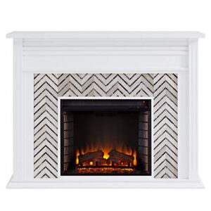 SEI Furniture Hebbington Carrara Marble Tiled Electric Fireplace, White-Gray
