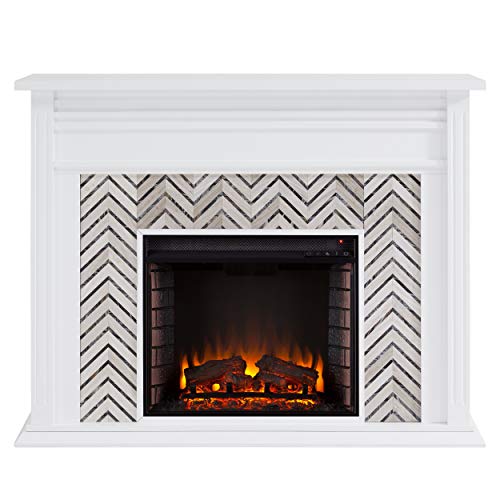 SEI Furniture Hebbington Carrara Marble Tiled Electric Fireplace, White-Gray