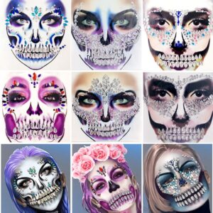 skull face jewels day of the death face gems for halloween face decals,6-pack