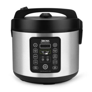 aroma housewares arc-1120sbl smartcarb cool-touch stainless steel rice multicooker food steamer, slow cooker with non-stick inner pot and steam tray, 20-cup(cooked)/ 5qt, black