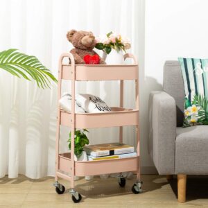 AGTEK Makeup Cart, Movable Rolling Organizer Cart, 3 Tier Metal Utility Cart, Rosiness