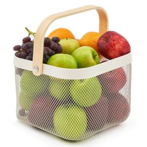 EZOWare Set of 3 Metal Mesh Steel Baskets with Wood Handle, Fruit Vegetable Wire Storage Organizer Bins for Kitchen Bathroom Pantry Organization, Garden, Picnic - White