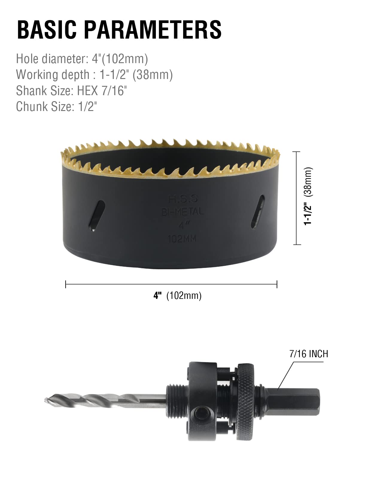 BINOTA M42 Bi-Metal Hole Saw, 102mm-4", for Metal, Wood, Plywood, PVC, Gypsum, Composite, Stainless Steel Plate