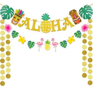 wernnsai hawaiian aloha party banner decorations - flamingo pineapple tiki tropical luau party supplies favors large gold glittery aloha sign flag for birthday wedding summer beach pool